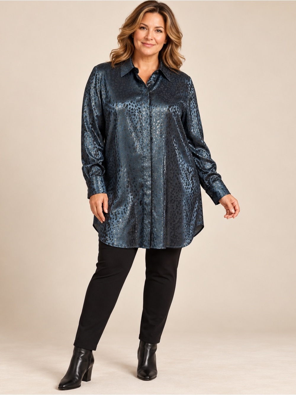 Chico's Blue Satin Leopard Jacquard Tunic